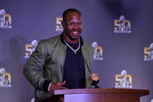 Feb 8, 2016; San Francisco, CA, USA; Denver Broncos linebacker Von Miller addresses the media after being selected as Super Bowl 50 most valuable player after 24-10 victory over the Carolina Panthers during press conference at the Moscone Center.  <br/>Kirby Lee-USA TODAY Sports