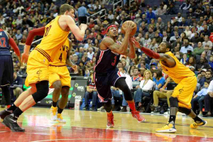 Feb 28, 2016; Washington, DC, USA; Washington Wizards guard Bradley Beal (3) makes a move to the basket past Cleveland Cavaliers guard Kyrie Irving (2) during the second half at Verizon Center.  <br/>Tommy Gilligan-USA TODAY Sports