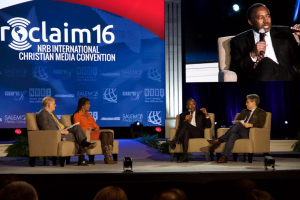 Republican presidential candidate Ben Carson speaks as part of a panel discussion during the 2016 NRB Convention in Nashville, Tennessee. <br/>The Gospel Herald
