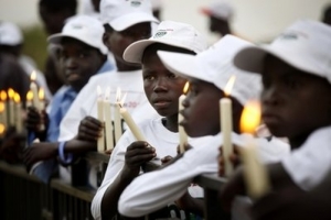 South Sudan children participate in a prayer service on the eve of the country's elections in Juba, Southern Sudan, Saturday, April 10, 2010. The people of Southern Sudan will cast ballots in a national election for the first time in more than two decades when a three-day election begins Sunday. Despite the first-in-a-generation vote, most people are already looking past the elections to a vote next January considered far more significant: a referendum on independence that could signal the birth of a new African nation, if final negotiations with Khartoum over oil rights and the location of the border are worked out peacefully. <br/>AP Photo / Jerome Delay