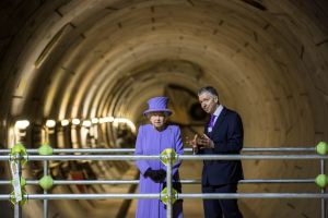 Britain's Queen Elizabeth and Mike Brown the London transport commissioner attend the formal unveiling of the new logo for Crossrail, which is to be named the Elizabeth line, at the construction site of the Bond Street station in central London, February 23, 2016. REUTERS/Richard Pohle/Pool<br />
 <br/>