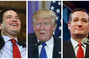 A combination photo shows Republican U.S. presidential candidates Marco Rubio (L) Donald Trump (C) and Ted Cruz addressing supporters at their respective Super Tuesday primary and caucus campaign events on March 1, 2016. REUTERS/Carlos Barria (L), Scott Audette (C), Richard Carson (R) <br/>