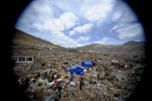 Photo taken on April 19, 2010 shows a view of the quake-devastated Zhaxi Datong Village, in Gyegu Town, Yushu County, northwest China's Qinghai Province. Zhaxi Datong Village is the worst-hit area during the April 14 quake in Qinghai. It has been mostly razed to the ground and 120 of the total about 670 villagers here lost their lives. <br/>Xinhua/Purbu Zhaxi)