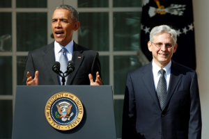 President Barack Obama (L) announces Judge Merrick Garland (R) as his nominee to the U.S. Supreme Court, in the White House Rose Garden in Washington, March 16, 2016. Photo Credit: REUTERS/Kevin Lamarque <br/>