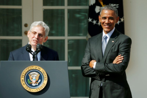 President Barack Obama smiles after announcing Judge Merrick Garland (L) of the United States Court of Appeals as his nominee for the U.S. Supreme Court in the Rose Garden of the White House in Washington March 16, 2016. Photo Credit: REUTERS/Kevin Lamarque <br/>