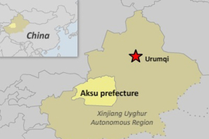 The map shows Aksu prefecture in northwestern China's Xinjiang region. <br/>Radio Free Asia graphic