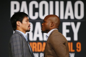 Jan 21, 2016; New York, NY, USA; Manny Pacquiao and Timothy Bradley, Jr. pose for a photo during press conference at Madison Square Garden to announce the upcoming boxing fight on April 9, 2016 in Las Vegas. REUTERS/Noah K. Murray-USA TODAY Sports <br/>REUTERS/Noah K. Murray-USA TODAY Sports