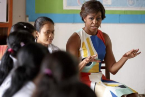 U.S. first lady Michelle Obama speaks to students during a visit to promote girls' education. She announced this week that she does not intend to run for the U.S. presidency in the future.  <br/>Reuters / Athit Perawongmetha