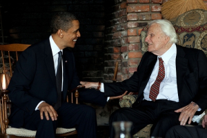 President Barack Obama meets with Rev. Billy Graham at his house in Montreat, N.C., April 25, 2010. <br/>White House/Pete Souza