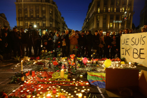 Members of the public gather at the Place de la Bourse in Brussels. Photo Credit: Getty Images <br/>