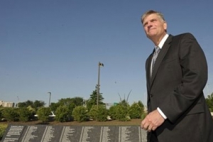 Rev. Franklin Graham prepares to leave the Pentagon, Thursday, May 6, 2010. Earlier, Graham prayed on a sidewalk outside the Pentagon Thursday after having being disinvited inside because of comments that insulted people of other religions.… Read more » <br/>AP Images / Cliff Owen