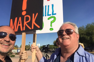 Former Mars Hill members Bob Sluys and Skip Rohl protest the opening of Trinity Church in Phoenix, Arizona. Photo Credit: Bob Sluys <br/>