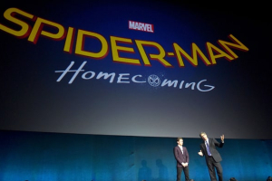 Tom Holland (left) and chairman of Sony Picture Entertainment Motion Pictures Group Tom Rothman speak on stage during CinemaCon 2016  <br/>