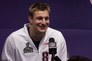 New England Patriots tight end Rob Gronkowski answers reporters' questions at Media Day ahead of Super Bowl XLIX. 1/27/2015. Photo courtesy:  <br/>WEBN-TV/Jonathan Satriale/Flickr CC