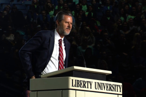 Liberty University President Jerry Falwell Jr. addresses students during a convocation at the Vines Center on the campus of Liberty University on Wednesday Dec. 9, 2015 in Lynchburg, Va. (Photo by Matt McClain/ The Washington Post) <br/>