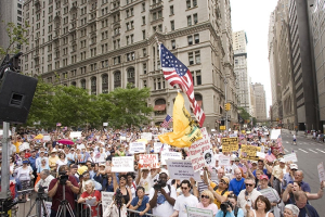Thousands of protesters gathered around the corner of Liberty and Church Streets on Sunday to voice their opposition to a proposed “mega mosque” near New York City’s Ground Zero. <br/>Stop Islamization of America