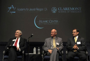 Rev. Jerry Campbell, Rabbi Mel Gottlieb, and Imam Jihad Turk, from left, listen at a press conference at Claremont School of Theology announcing the launch of the University Project, which will integrate the education of ministers, rabbis and Muslim religious leaders, on Wednesday, June 9, 2010, in Claremont, Calif. <br/>AP Images / Adam Lau