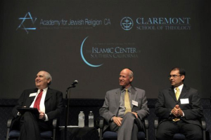 Rev. Jerry Campbell, Rabbi Mel Gottlieb, and Imam Jihad Turk, from left, listen at a press conference at Claremont School of Theology announcing the launch of the University Project, which will integrate the education of ministers, rabbis and Muslim religious leaders, on Wednesday, June 9, 2010, in Claremont, Calif. <br/>AP Images / Adam Lau