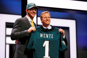 Apr 28, 2016; Chicago, IL, USA; Carson Wentz (North Dakota State) with NFL commissioner Roger Goodell after being selected by the Philadelphia Eagles as the number one overall pick in the first round of the 2016 NFL Draft at Auditorium Theatre.  <br/>Kamil Krzaczynski-USA TODAY Sports