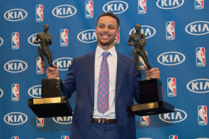 Oakland, CA, USA; Golden State Warriors guard Stephen Curry with the 2014-2015 & 2015-2016 NBA Most Valuable Player trophies at Oracle Arena. <br/>Kyle Terada-USA TODAY Sports