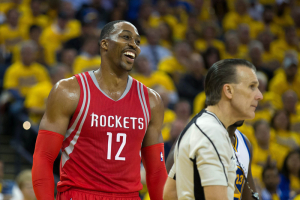 Oakland, CA, USA; Houston Rockets center Dwight Howard (12) reacts after being called for a foul against the Golden State Warriors during the third quarter in game five of the first round of the NBA Playoffs at Oracle Arena. <br/>Kelley L Cox-USA TODAY Sports