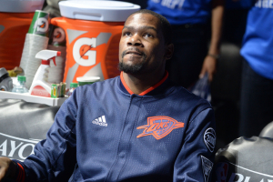 Oklahoma City, OK, USA; Oklahoma City Thunder forward Kevin Durant (35) waits to be introduced before playing against the San Antonio Spurs in game six of the second round of the NBA Playoffs at Chesapeake Energy Arena. Mark D. Smith-USA TODAY Sports <br/>Mark D. Smith-USA TODAY Sports