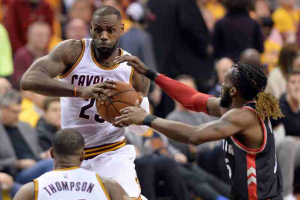 May 17, 2016; Cleveland, OH, USA; Cleveland Cavaliers forward LeBron James (23) drives against Toronto Raptors forward DeMarre Carroll (5) during the third quarter in game one of the Eastern conference finals of the NBA Playoffs at Quicken Loans Arena. The Cavs won 115-84.  <br/>Ken Blaze-USA TODAY Sports