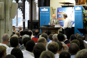 Author Wayne Grudem is interviewed by the Director of The Christian Institute Colin Hart at St. Helen's church, Bishopsgate, London, Thursday June 25, 2010. <br/>Christian Today