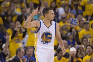 May 18, 2016; Oakland, CA, USA; Golden State Warriors guard Stephen Curry (30) celebrates against the Oklahoma City Thunder during the third quarter in game two of the Western conference finals of the NBA Playoffs at Oracle Arena. The Warriors defeated the Thunder 118-91. Mandatory Credit: Kyle Terada-USA TODAY Sports <br/>REUTERS