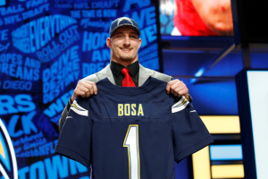 Apr 28, 2016; Chicago, IL, USA; Joey Bosa (Ohio State) after being selected by the San Diego Chargers as the number three overall pick in the first round of the 2016 NFL Draft at Auditorium Theatre.  <br/>Kamil Krzaczynski-USA TODAY Sports