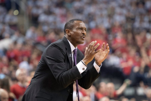 Toronto, Ontario, CAN; Toronto Raptors head coach Dwane Casey reacts to a call on the court during the second quarter in game three of the Eastern conference finals of the NBA Playoffs against the Cleveland Cavaliers at Air Canada Centre.  <br/>Nick Turchiaro-USA TODAY Sports