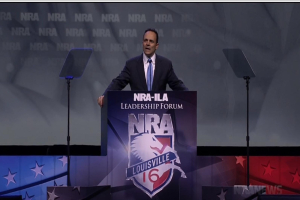 Kentucky Gov. Matt Bevin told attendees at the National Rifle Association meeting in Louisville Friday he hoped they would stand united to protect Second Amendment liberties and other freedoms in America.  <br/>NRA speech screen shot