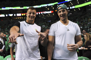 Apr 24, 2016; Boston, MA, USA; New England Patriot tight end Rob Gronkowski and his brother Gordie pose for a photo prior to the start of game four of the first round of the NBA Playoffs between the Boston Celtics and Atlanta Hawks at TD Garden.  <br/>Bob DeChiara-USA TODAY Sports