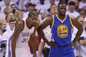 May 24, 2016; Oklahoma City, OK, USA; Golden State Warriors forward Draymond Green (23) and Oklahoma City Thunder forward Kevin Durant (35) react during the first quarter in game four of the Western conference finals of the NBA Playoffs at Chesapeake Energy Arena.  <br/>Mark D. Smith-USA TODAY Sports