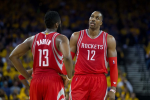 Apr 27, 2016; Oakland, CA, USA; Houston Rockets guard James Harden (13) and center Dwight Howard (12) between plays during the third quarter in game five of the first round of the NBA Playoffs at Oracle Arena.  <br/>Kelley L Cox-USA TODAY Sports