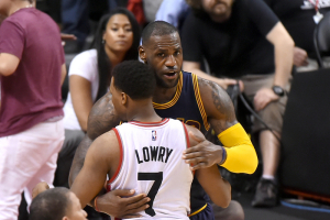 May 27, 2016; Toronto, Ontario, CAN; Cleveland Cavaliers forward LeBron James (23) embraces Toronto Raptors guard Kyle Lowry (7) at the end of game six of the Eastern conference finals of the NBA Playoffs at Air Canada Centre.The Cavaliers won 113-87.  <br/>Dan Hamilton-USA TODAY Sports