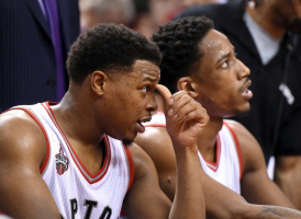 May 27, 2016; Toronto, Ontario, CAN; Toronto Raptors guards Kyle Lowry (7) and DeMar DeRozan (10) sit together on the bench during a time out against Cleveland Cavaliers in game six of the Eastern conference finals of the NBA Playoffs at Air Canada Centre.The Cavaliers won 113-87.  <br/>Dan Hamilton-USA TODAY Sports