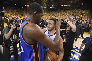May 30, 2016; Oakland, CA, USA; Golden State Warriors guard Stephen Curry (30, right) is congratulated by Oklahoma City Thunder forward Kevin Durant (35) after game seven of the Western conference finals of the NBA Playoffs at Oracle Arena. The Warriors defeated the Thunder 96-88.  <br/>Kyle Terada-USA TODAY Sports