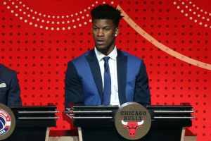 May 17, 2016; New York, NY, USA; Chicago Bulls guard Jimmy Butler represents his team during the NBA draft lottery at New York Hilton Midtown. The Philadelphia 76ers received the first overall pick in the 2016 draft.  <br/>Mandatory Credit: Brad Penner-USA TODAY Sports