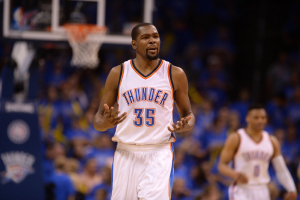 Oklahoma City, OK, USA; Oklahoma City Thunder forward Kevin Durant (35) reacts to a call in action against the Golden State Warriors during the first quarter in game six of the Western conference finals of the NBA Playoffs at Chesapeake Energy Arena.  <br/>Mark D. Smith-USA TODAY Sports
