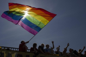 A reveller waves the rainbow flag during the Christopher Street Day parade in Berlin, June 23, 2012.  <br/>REUTERS/Thomas Peter