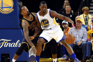 Jun 5, 2016; Oakland, CA, USA; Cleveland Cavaliers guard J.R. Smith (5) knocks the ball away from Golden State Warriors forward Harrison Barnes (40) during the first quarter in game two of the NBA Finals at Oracle Arena.  <br/>Kyle Terada-USA TODAY Sports
