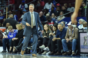A, USA; Philadelphia 76ers head coach Brett Brown shouts at his team during the first quarter of the game against the Brooklyn Nets at the Wells Fargo Center.  <br/>John Geliebter-USA TODAY Sports