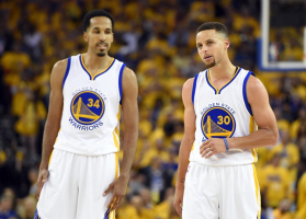 Jun 13, 2016; Oakland, CA, USA; Golden State Warriors guard Stephen Curry (30) and Golden State Warriors guard Shaun Livingston (34) during the third quarter against the Cleveland Cavaliers in game five of the NBA Finals at Oracle Arena.  <br/>Bob Donnan-USA TODAY Sports