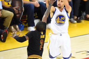 Jun 13, 2016; Oakland, CA, USA; Golden State Warriors guard Stephen Curry (30) shoots the ball against Cleveland Cavaliers guard Kyrie Irving (2) during the fourth quarter in game five of the NBA Finals at Oracle Arena. Mandatory Credit: Bob Donnan-USA TODAY Sports <br/>Reuters