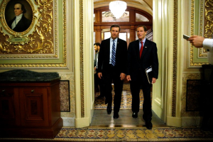 U.S. Senator Chris Murphy (D-CT) (center L) and Senator Richard Blumenthal (D-CT) (center R) depart the Senate floor directly after ending a 14-hour filibuster in the hopes of pressuring the U.S. Senate to action on gun control measures, at the U.S. Capitol in Washington, U.S. June 16, 2016.  <br/>REUTERS/Jonathan Ernst