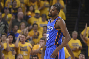 Oakland, CA, USA; Oklahoma City Thunder forward Kevin Durant (35) reacts during the second quarter in game seven of the Western conference finals of the NBA Playoffs against the Golden State Warriors at Oracle Arena.  <br/>Kyle Terada-USA TODAY Sports
