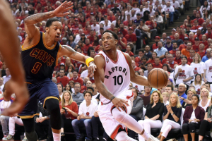 Toronto, Ontario, CAN; Toronto Raptors guard DeMar DeRozan (10) tries to dribble the ball past Cleveland Cavaliers forward Channing Frye (9) in game four of the Eastern conference finals of the NBA Playoffs at Air Canada Centre.  <br/>Dan Hamilton-USA TODAY Sports