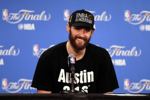 June 19, 2016; Oakland, CA, USA; Cleveland Cavaliers forward Kevin Love (0) speaks to media following the 93-89 victory against the Golden State Warriors in game seven of the NBA Finals at Oracle Arena.  <br/>Kelley L Cox-USA TODAY Sports