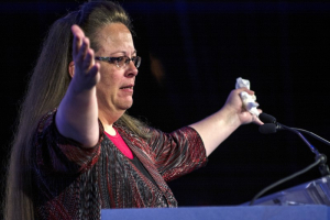 Kentucky's Rowan County Clerk Kim Davis, who was briefly jailed for refusing to issue marriage licenses to same-sex couples, makes remarks after receiving the 